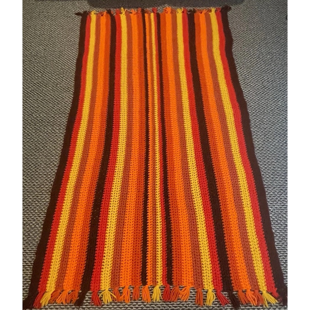 Handmade crochet 70s Afghan Blanket Orange Brown Yellow 47" x 78" Striped Fringe